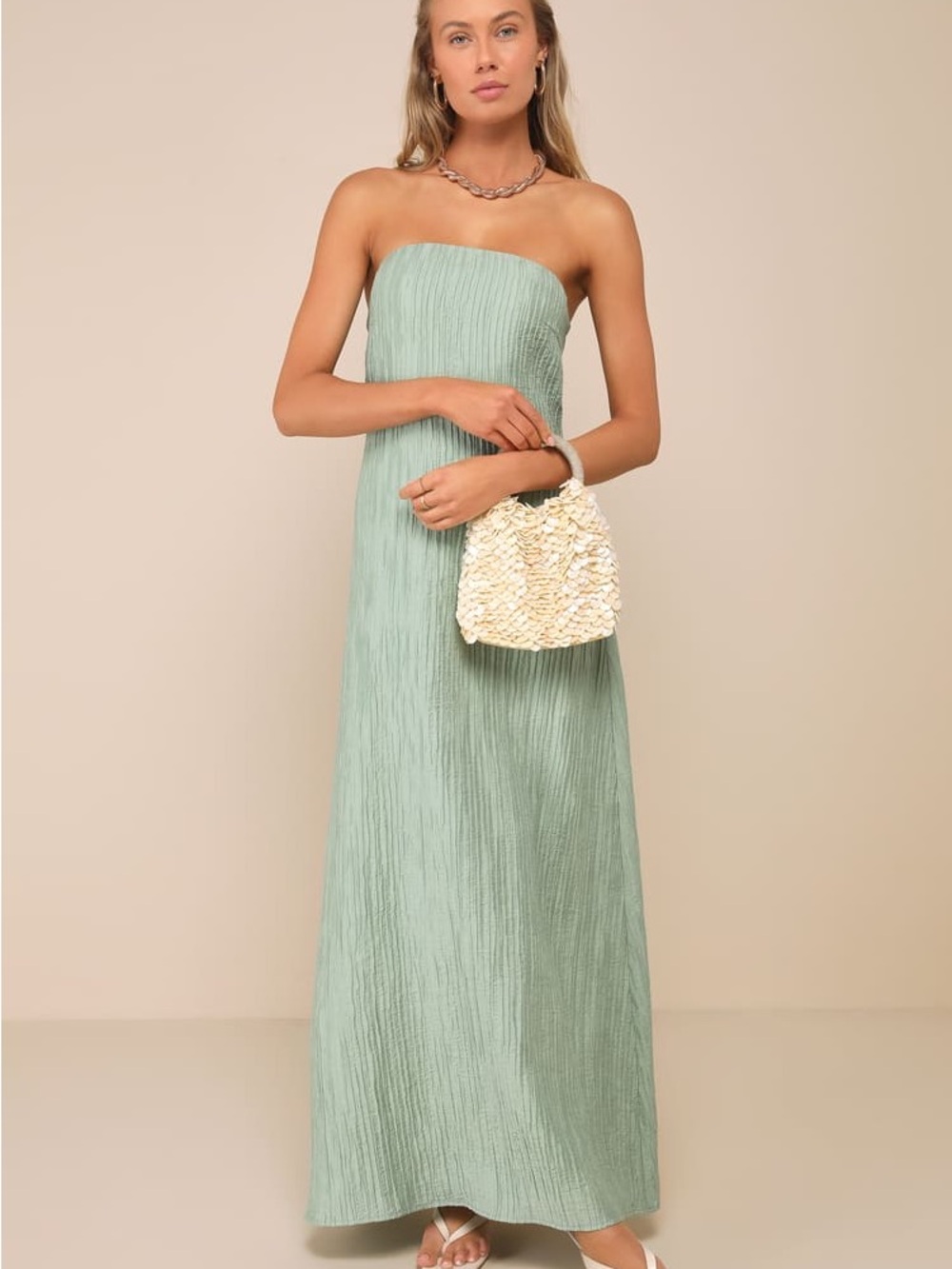 Lulus Strapless Pleated Maxi Dress in Sage Green
